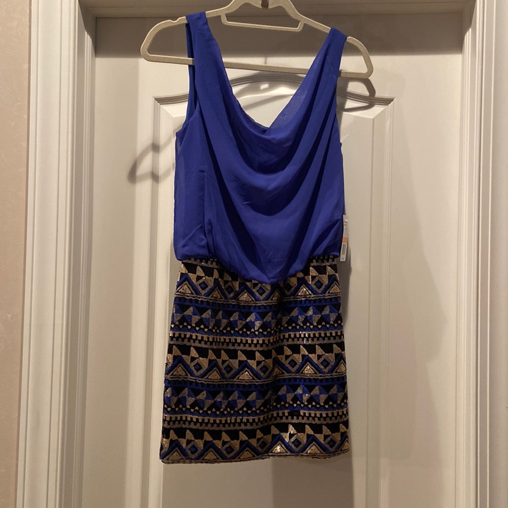Blue Mini Dress with Sequin Patterned Bottom. New with Tags
